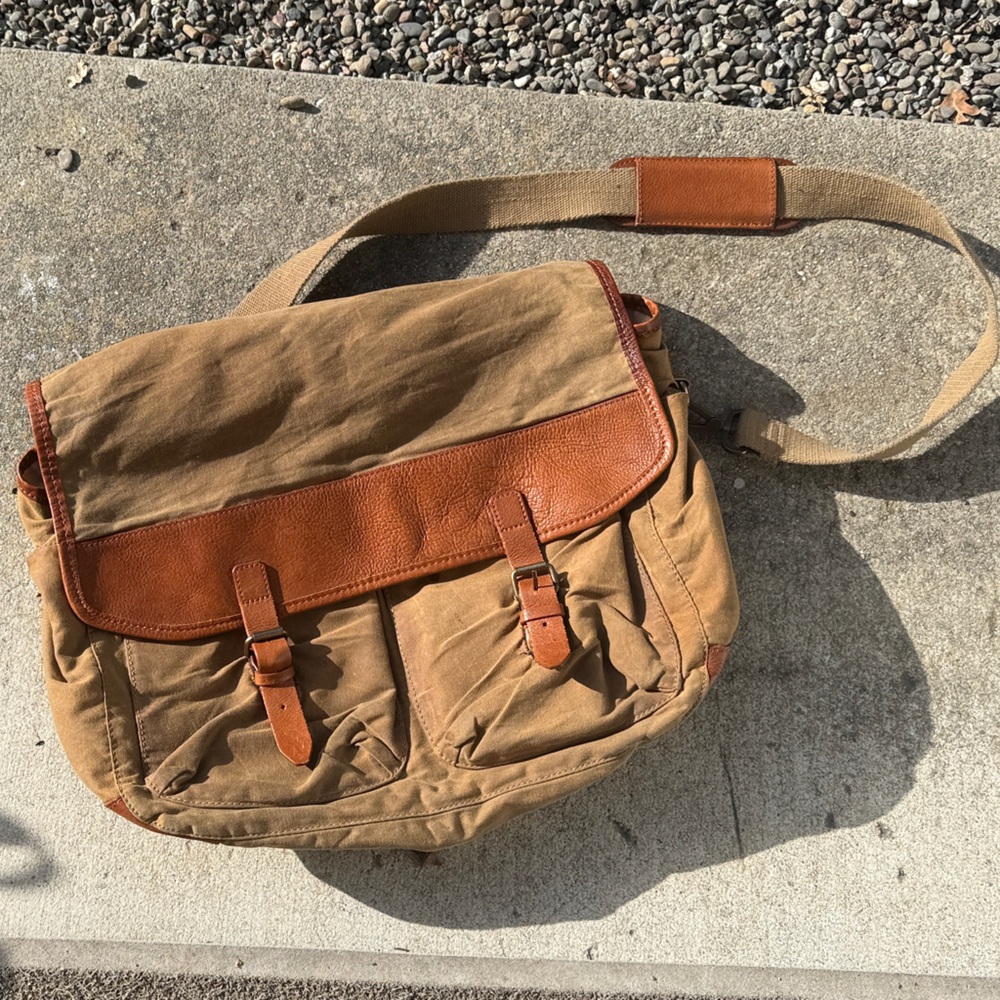 Tan Canvas Messenger Bag with Brown Leather Trim - Men's Casual Shoulder Bag